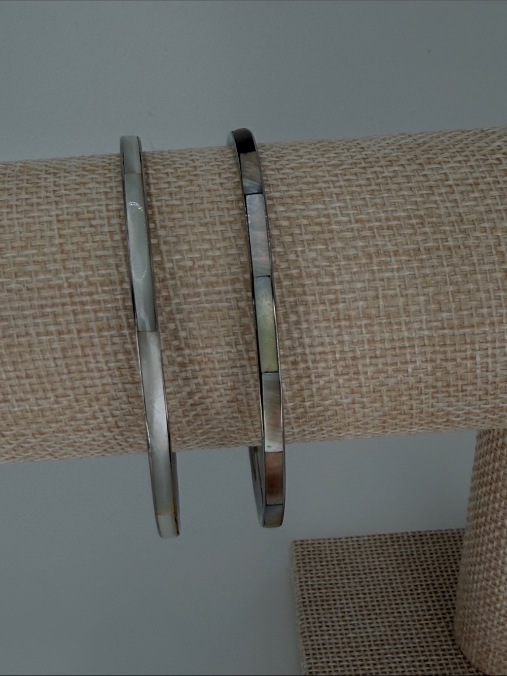 Delicate Silver with Iridescent Inlays Bangle Set - Modern Stackable Bracelets - Picture 2 of 7